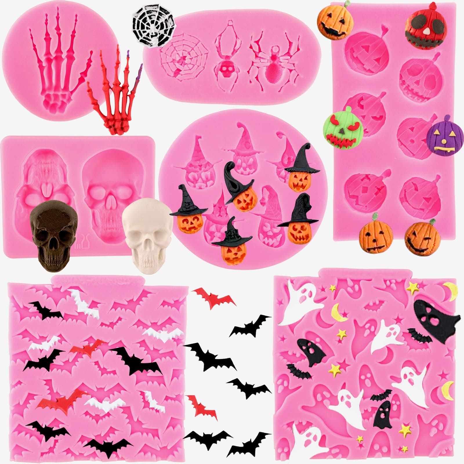 Halloween Molds Silicone Pumpkin Skull Spider Batskeleton Hand Bat Ghost for Chocolate Candy Fondant Polymer Clay Cupcake Gummy Cake Decorating