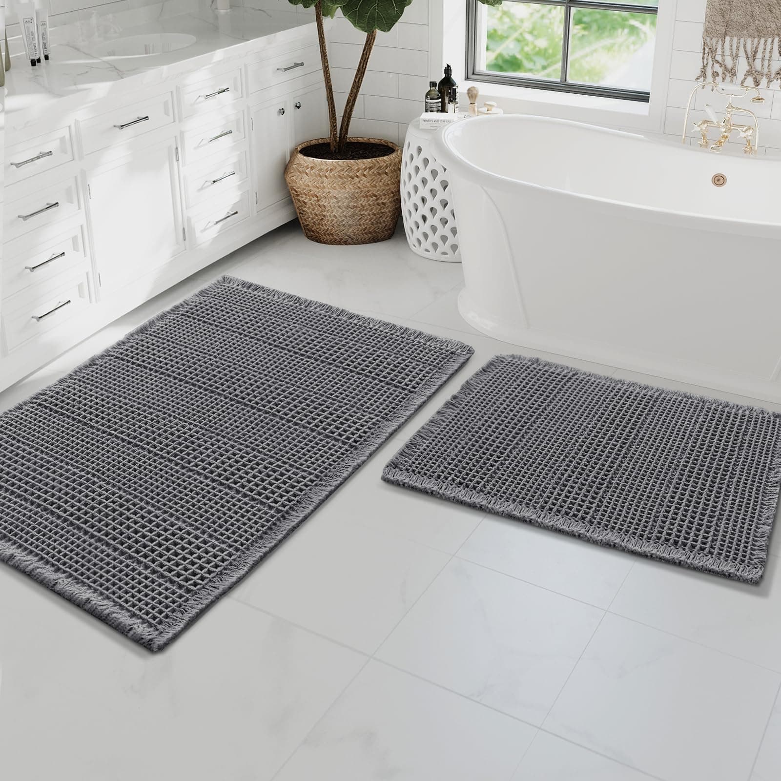 H.VERSAILTEX Waffle Bath Mat Super Absorbent Bathroom Mats Non Slip Bath Rugs for Bathroom Floor Machine Washable Ultra Soft Bathroom Rugs for Beside Tub, (32 x 20 Plus 24 x 17 - Inches, Grey)