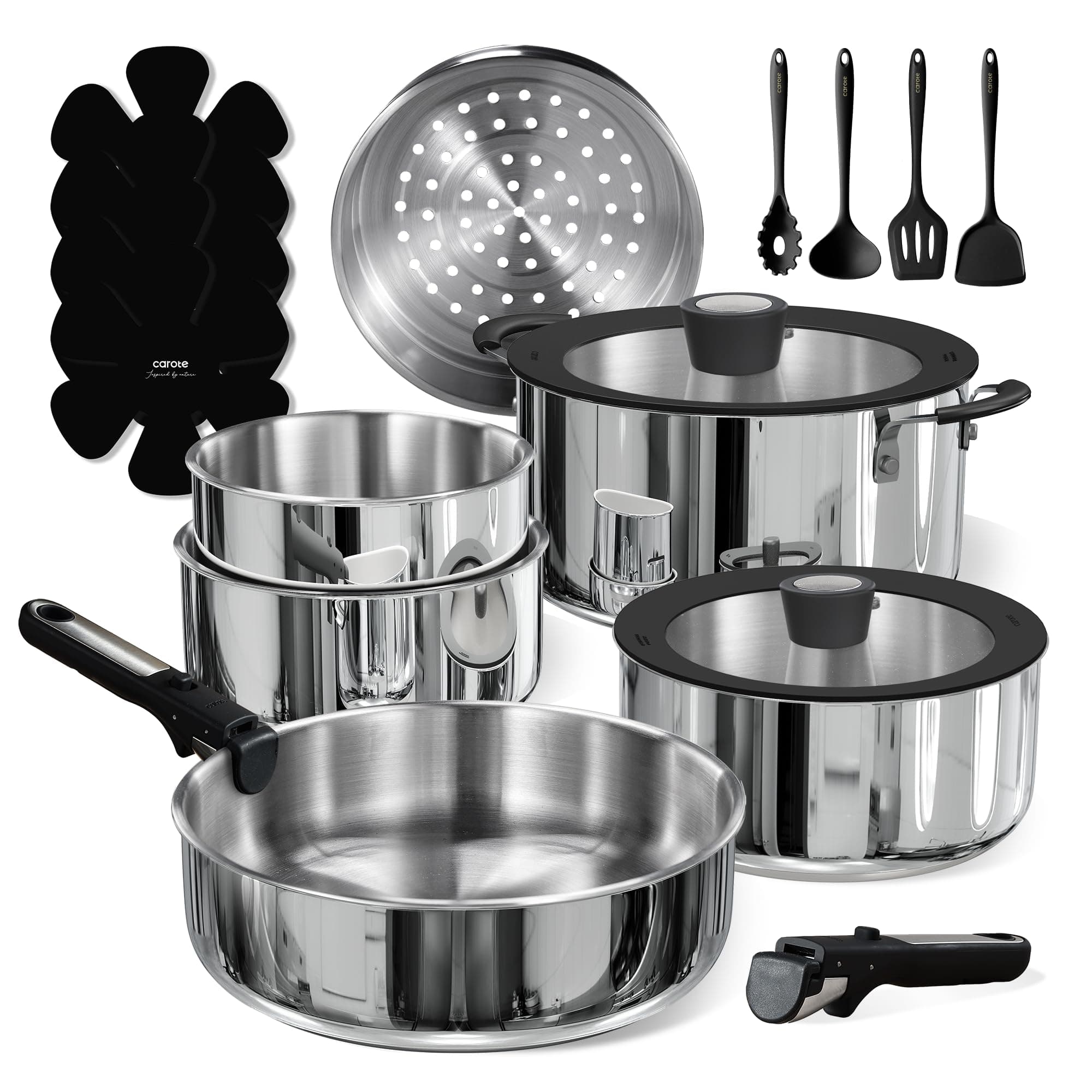 18pcs Stainless Steel Cookware Set with Detachable Handle, Nonstick Pots and Pans Set, Induction Kitchen Cookware Sets with Removable Handle, RV Cookware Set, Oven Safe, Camping Cookware, Black