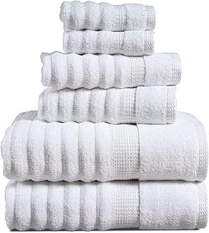 Ribbed White Bath Towels - 100% Cotton Towel Sets for Bathroom, Zero Twist, Soft Textured Bathroom Towels, Extra Absorbent, Quick Dry, 2 Bath Towels, 2 Hand Towels, 2 Wash Cloths - 6 Piece Set