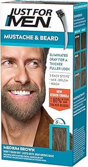 Just for Men Mustache & Beard, Beard Coloring for Gray Hair with Brush Included for Easy Application, With Biotin Aloe and Coconut Oil for Healthy Facial Hair - Medium Brown, M-35 - Pack of 1