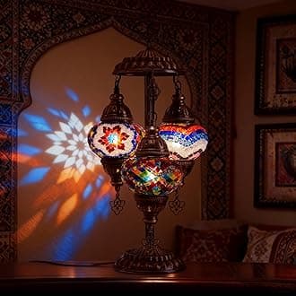 mozaist Turkish Table Lamp, Boho Lamp, 3 Globe Mosaic Desk Light, Decorative Tiffany Lampshade, Colorful Vintage Lamp for Bedroom, Living Room, Kids Room US Plug & E12 Socket, Mixed Mosaic
