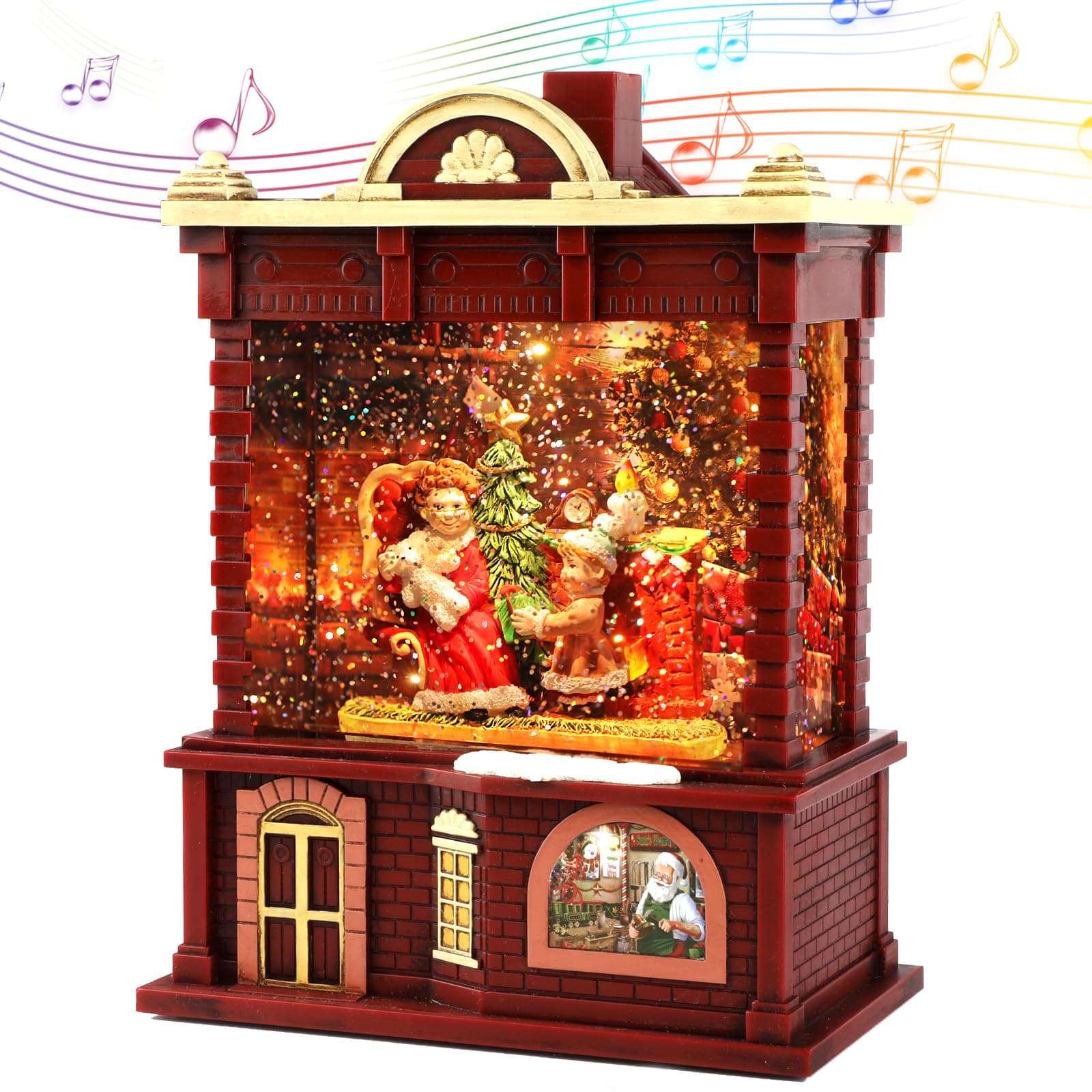 Christmas Snow Globe with 6H Timer, Lighted Musical Snow Globe House Lantern with Swirling Glitter, Battery Operated or USB Powered Spinning Glitter Lantern for Christmas Festival Decorations Gifts