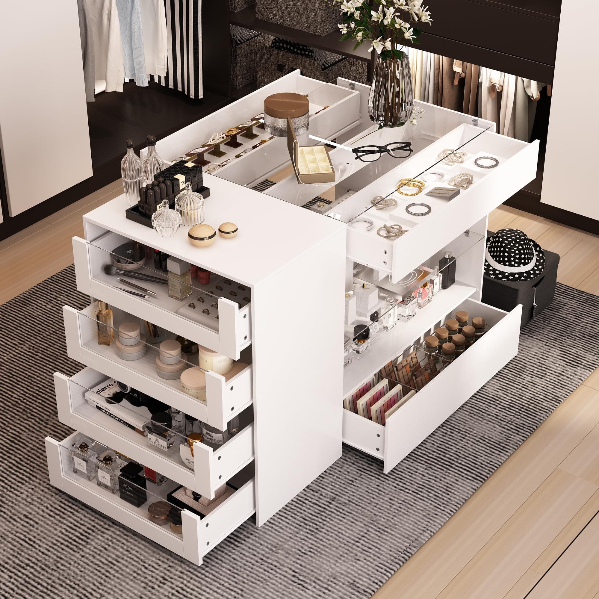 Hitow Display Cabinet Island with Glass Top and Front, Walk in Closet Organizer with 7 Drawers and 2-Tier Shelf, Shop Display Case, Walk in Wardrobe Furniture, Living Room Storage, White
