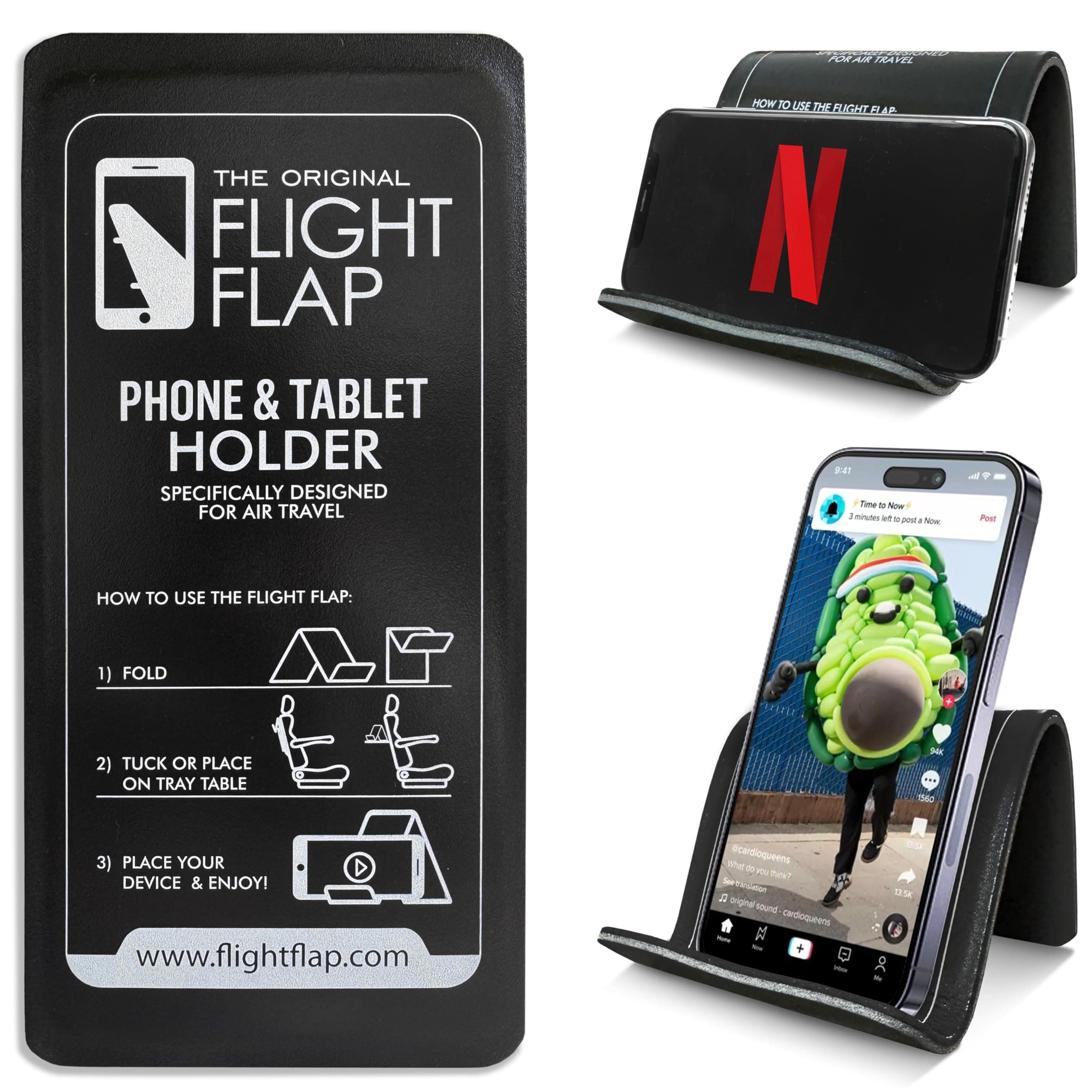 Airplane Phone Holder, Foldable Cell Phone Stand (Black) – Flexible Tablet and Iphone Holder for Bed, Desk, Office, Treadmill – Mobile Stand Phone Accessories, Plane Travel Essentials
