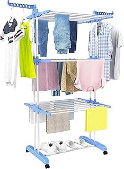 HOMIDEC Clothes Drying Rack, Large 4-Tier Foldable Drying Rack Clothing(67.7H x 19.7W x 30L Inches), Movable Drying Rack with 4 castors. Multifunctional Stainless Steel Laundry Drying Rack, Blue