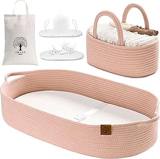 Baby Changing Basket - Breathable, Waterproof Covers, Wipeable Pad For Table Toper & Dresser, Cotton Rope (Coral Candy/Bamboo, Caddy Set)