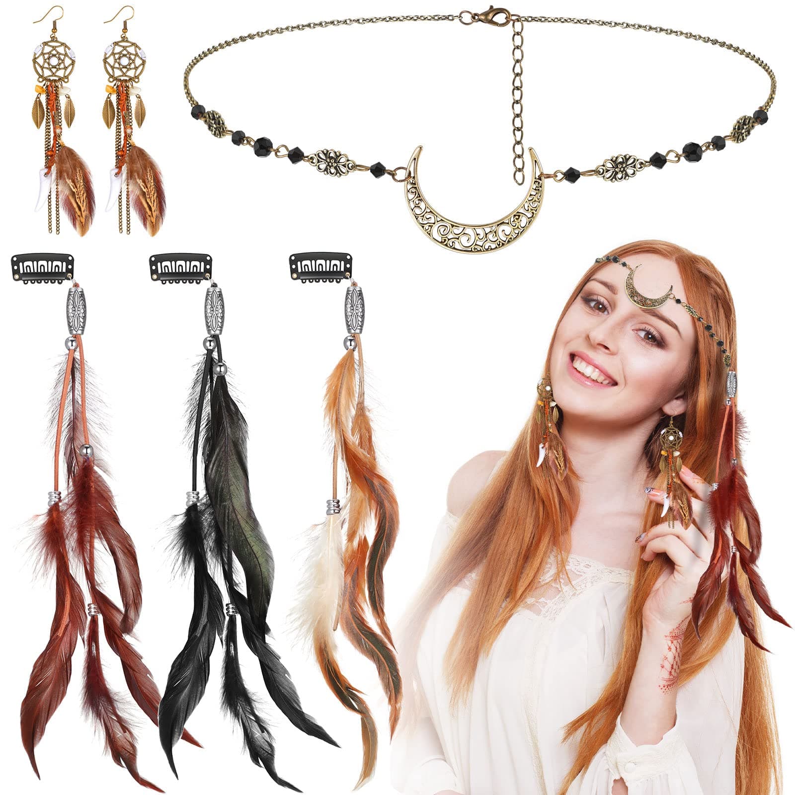 Kigeli5 Pack Feather Hair Clips Boho Head Moon Chain Crystal Vintage Forehead Jewelry Witch Headpiece Hippie Comb with Long Tassel Feather Earrings Costume for Party Halloween Women (Mixed Color)