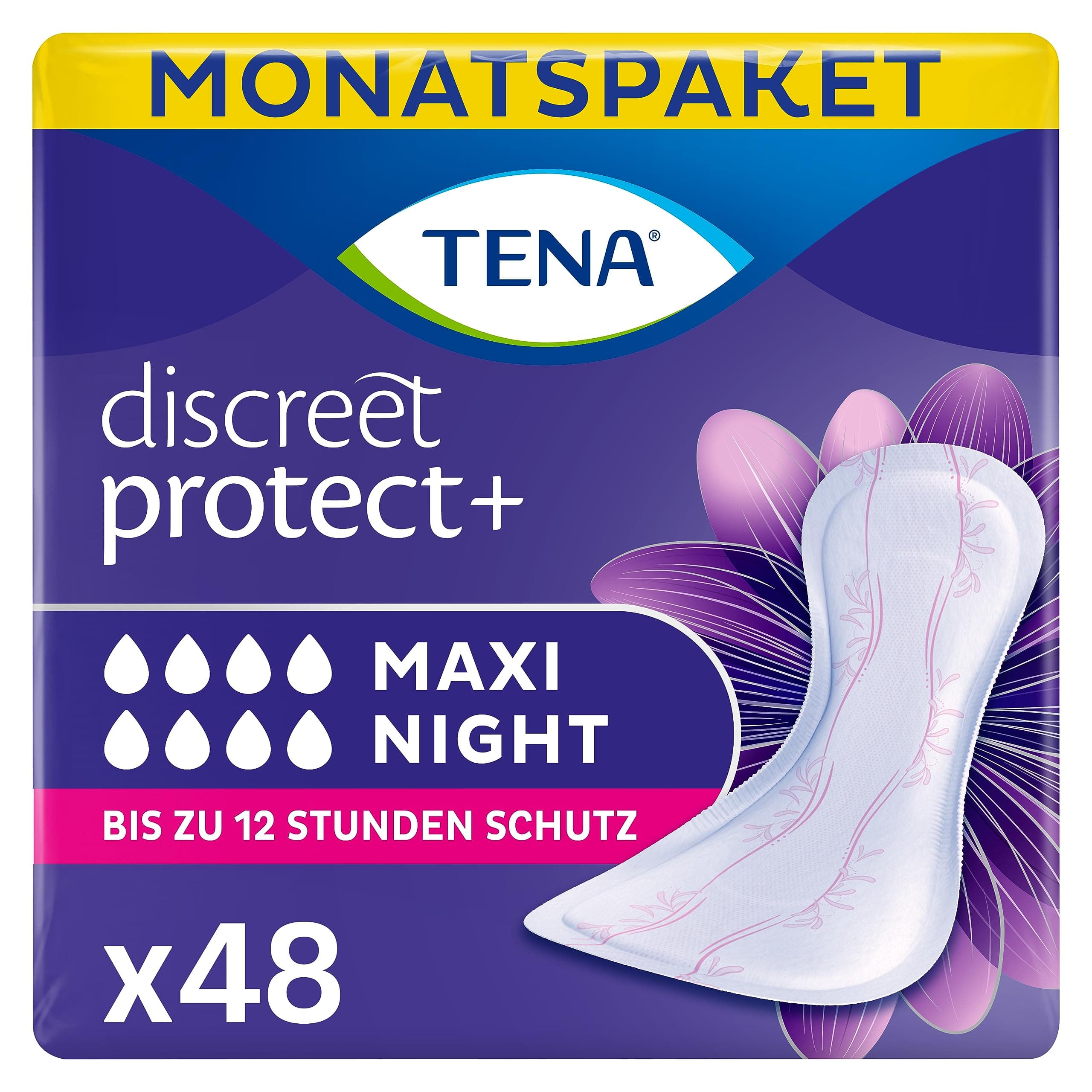 TENA Lady Maxi Night Towels, for night time Bladder Weakness, Monthly Pack of 48 incontinence pads for women