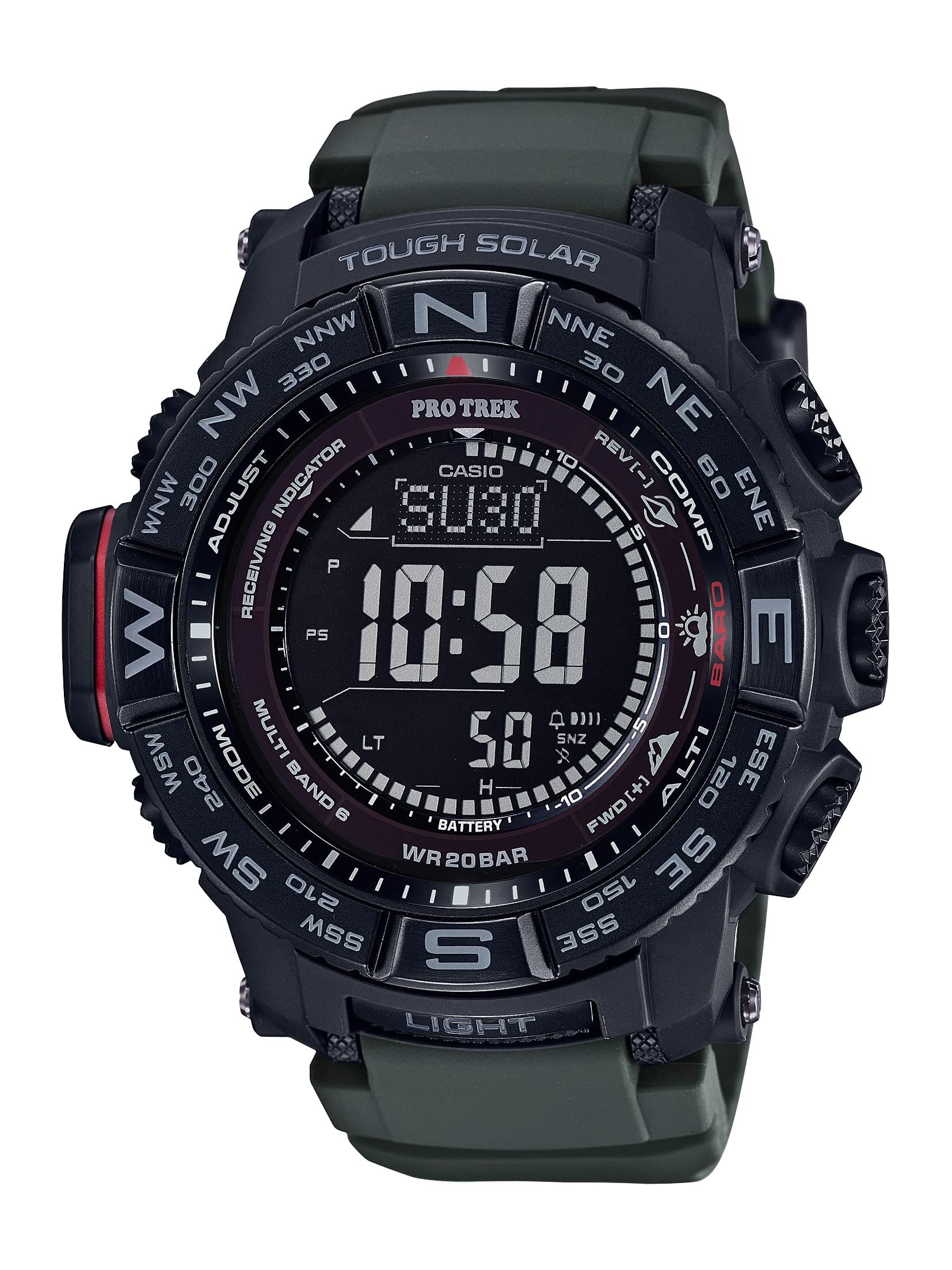 PRW3500 Series | Pro Trek | 100M WR | Compass | Alt/Baro-Thermo | Tough Solar Power | Atomic Timekeeping | 1-100 SEC Stopwatch | Countdown Timer | World Time