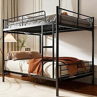 Full Over Full Metal Bunk Bed for Adults & Kids, Convertible to 2 Separate Full Size Beds, Heavy Duty Bunk Bed Frame with Full-length Guardrail & EVA Padded Ladder, No Box Spring Needed, Black