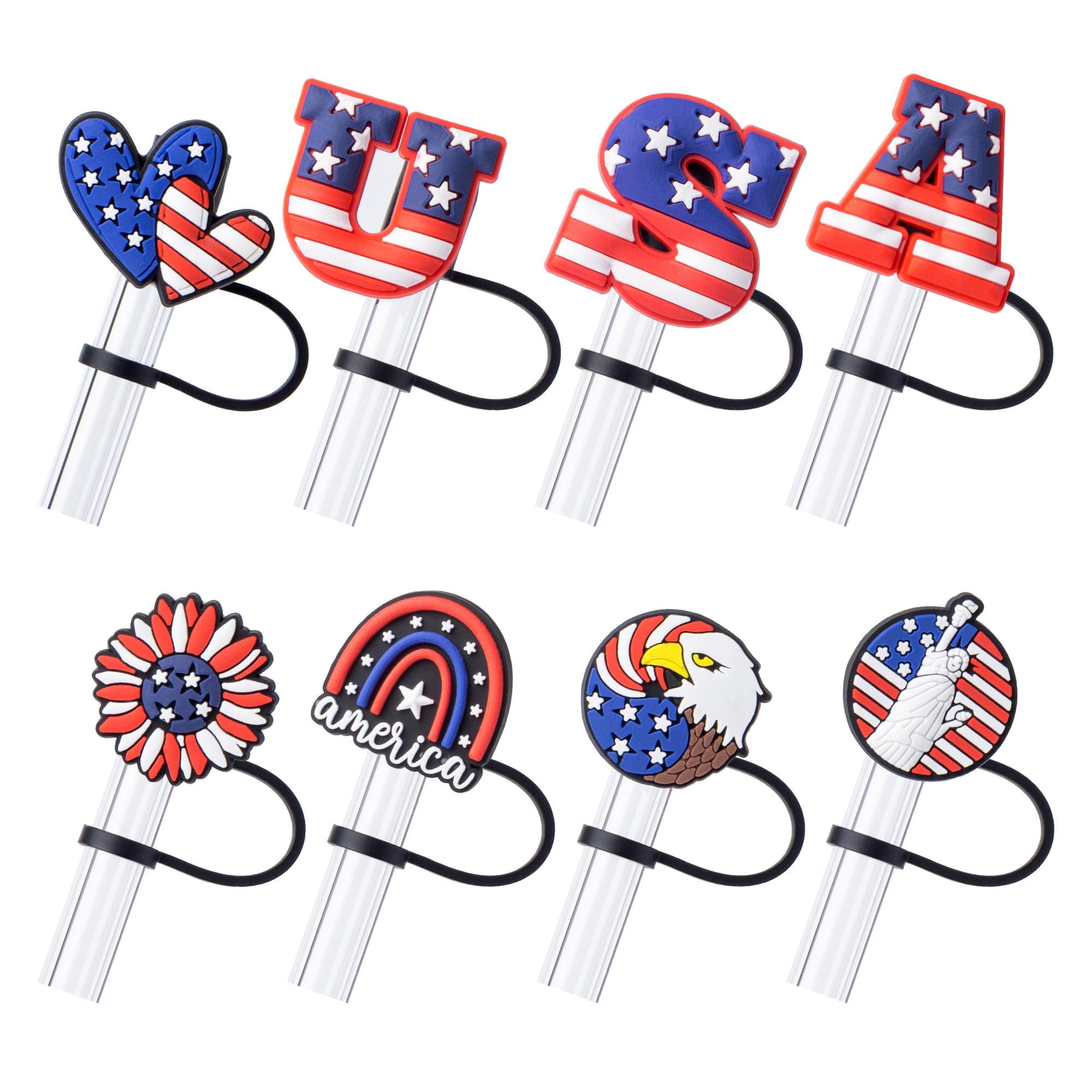 8Pcs 4th of July (USA) Straw Cover Cap for Stanley Cup 40oz/30oz Tumbler, 10mm Reusable Cute Drinking Straw Topper Accessories, Portable Protector Plugs Decorations Gifts for Party Favors