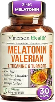 Melatonin 3mg Sleep Aid with L-Theanine & Valerian Root – Turmeric Curcumin Supplement with Ginger & Black Pepper – Organic Turmeric Supplement for Sleep, Calm and Stress Relief Support – 60 Capsules