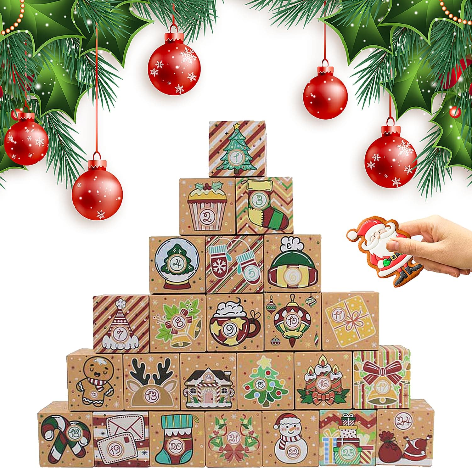 24 Pcs DIY Christmas Empty Advent Calendar 2024, 24 Days Cute Kraft Paper Christmas Cardboard Number Boxes Christmas Countdown Calendar Advent Xmas Gift Box for Kids Xmas Holiday Decor