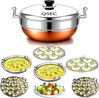 QSEC Stainless Steel Idly Cooker Multi Kadai Idli And Dhokla Steamer & Idli Cooker With 7 Plates|Mini Idli Stand|2 Mini Idli Plate|2 Idli|2 Dhokla|1 Momos|Multi Utility Kadai Cookware Set,5 Litre
