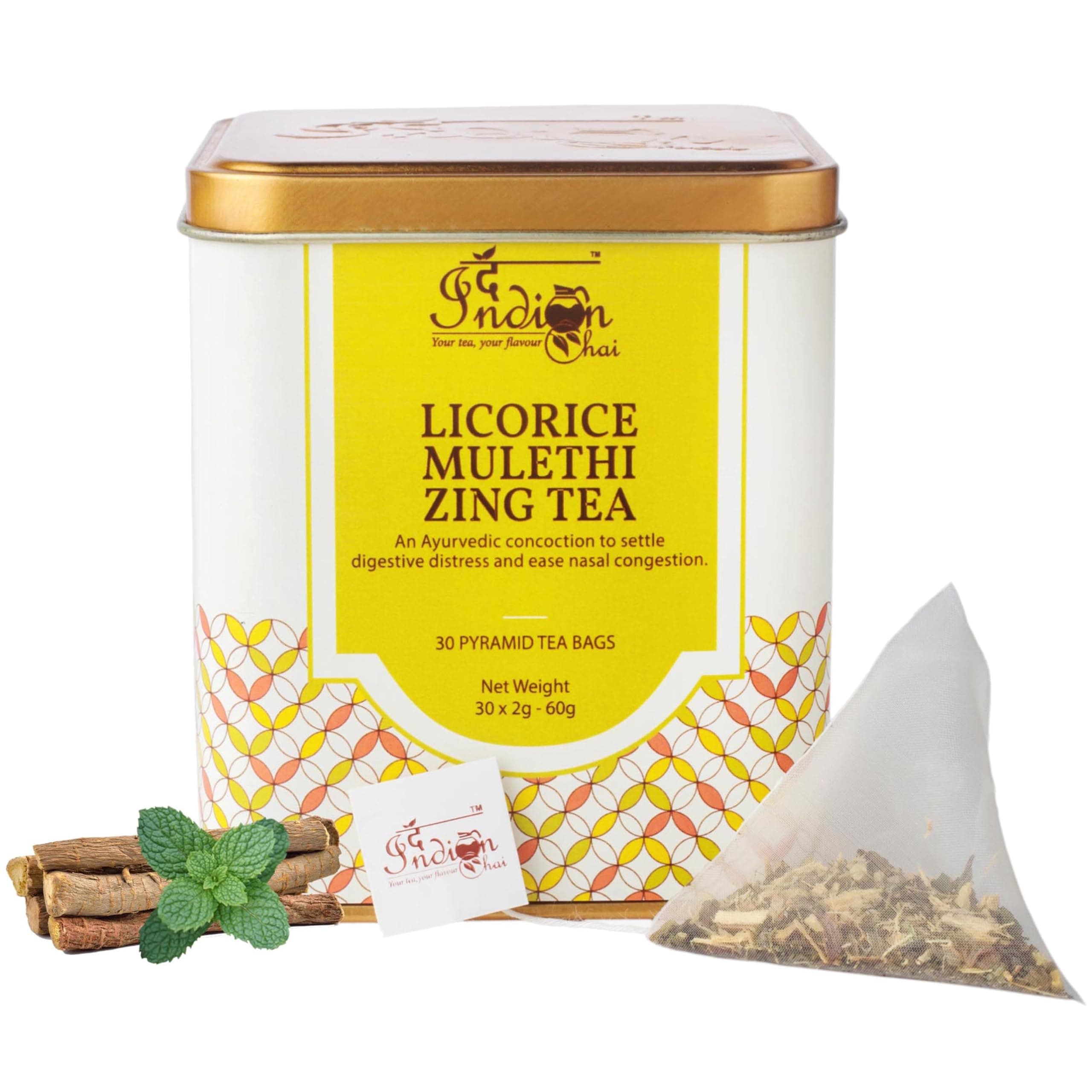 The Indian Chai - Licorice Mulethi Zing Tea 30 Pyramid Tea Bags for Immunity and Stress
