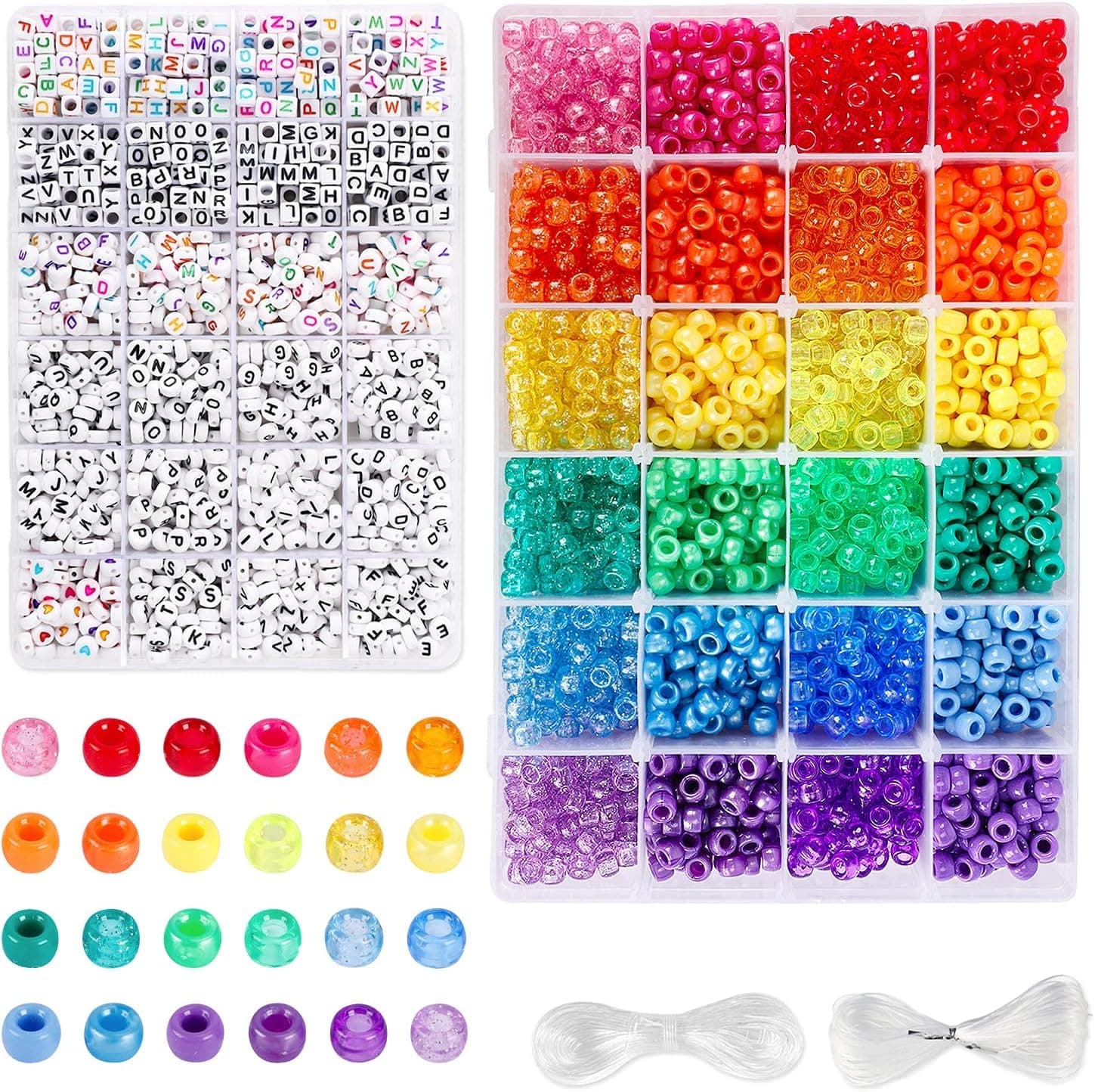 4000pcs Kandi Pony Beads Kit - 2400pcs Rainbow and 1600pcs Letter Beads, 24 Colors Plastic Craft Bulk for Bracelets Jewelry Making With 20m Crystal and 30m Elastic String