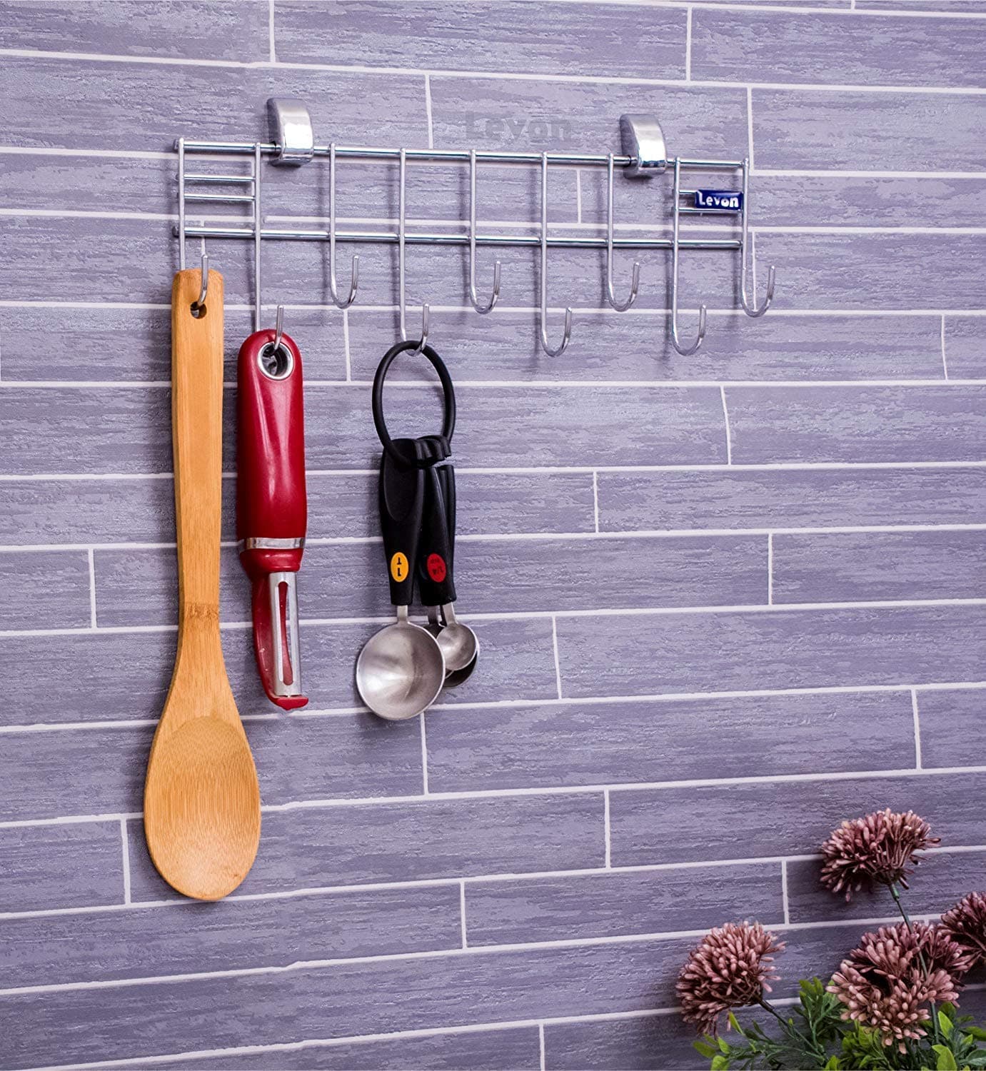 Stainless Steel Laddle Hook Rail | 9 Hooks Laddle Cradle for Kitchen | Multi-Level Hook Rail