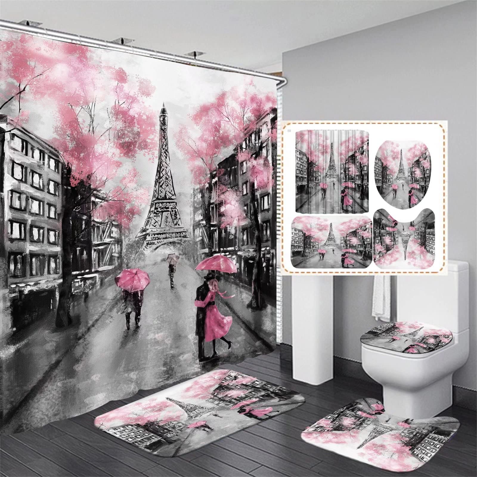 Chrainy 4Pcs Paris Eiffel Tower Pink Shower Curtain Sets Bathroom Set Decor with Non-Slip Rugs Bath U-Shaped Mat Toilet Lid Cover Waterproof Valentine Bathroom Curtains Shower Set with 12 Hooks