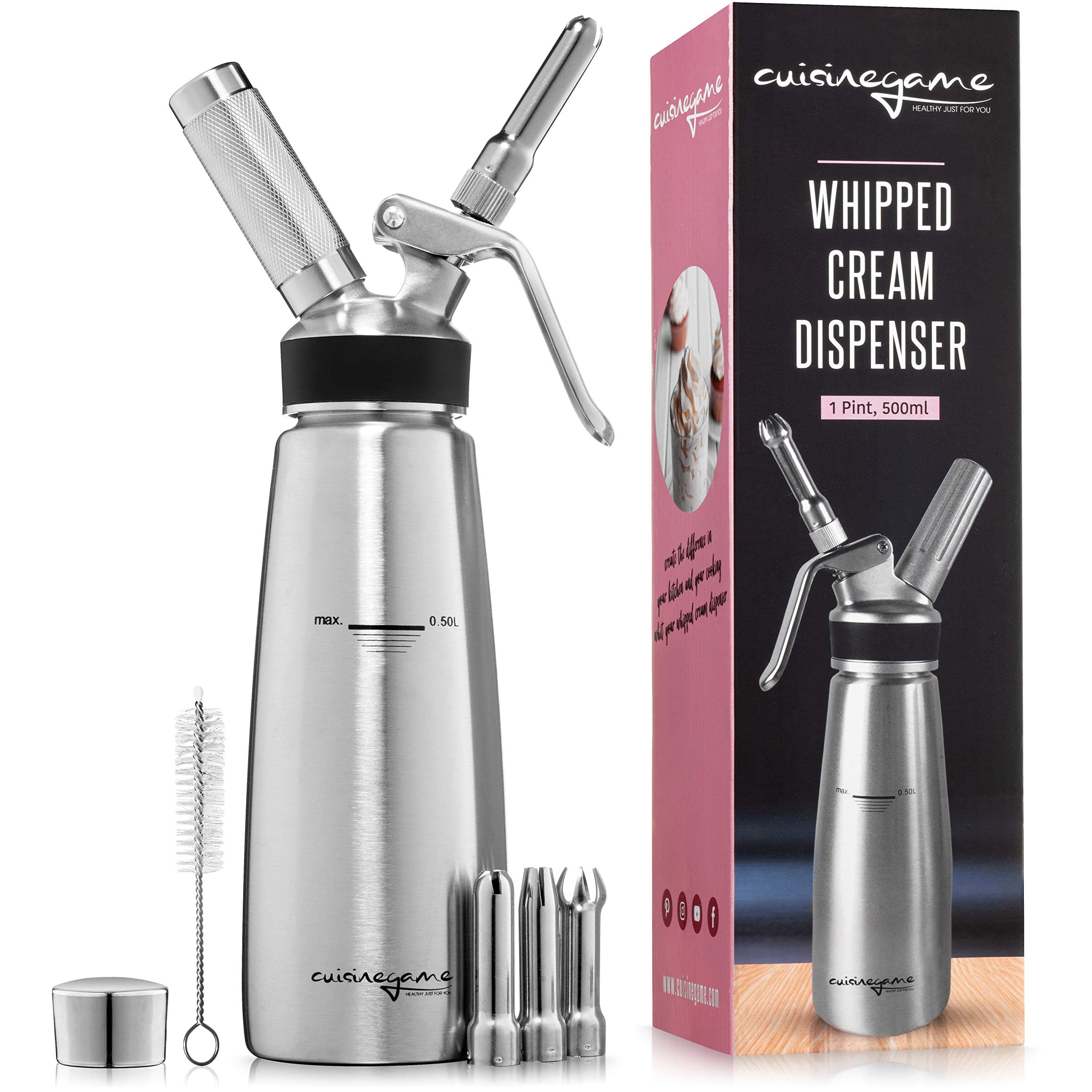 Professional Canister Whipped Cream Dispenser – Zero-Leak, Easy-to- Use Whip Cream Dispenser w/Manual, Recipes – Lightweight, Durable Aluminum Body – 3 Stainless Steel Piping Tips – Dishwasher Safe!