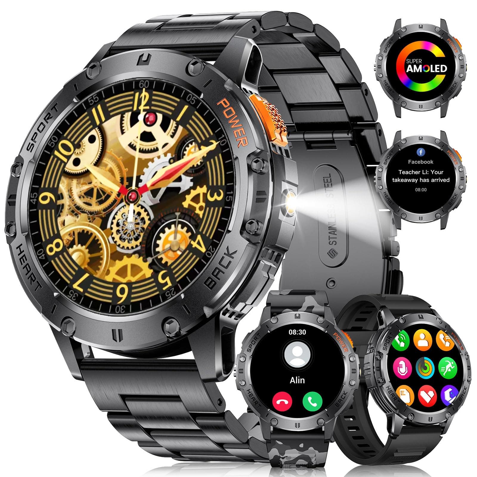 LIGEMilitary Smart Watches for Men(Answer/Make Call) - 3 Straps,1.43" HD AMOLED Upgraded Outdor 530mAh Sports Smartwatch with Flashlight/Heart Rate/Sleep Monitor/IP68, Fitness Tracker for Android iOS