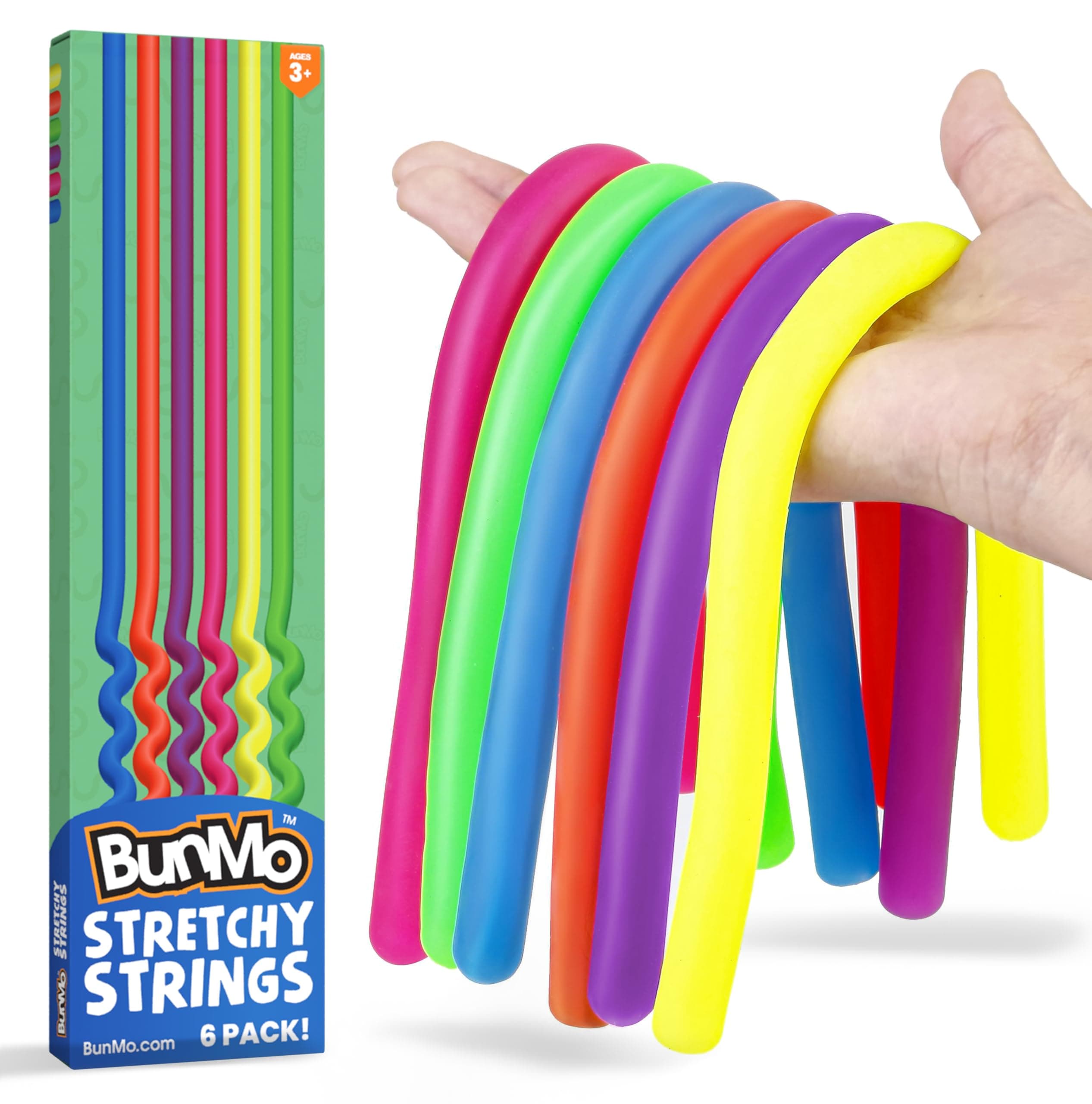 BUNMO Sensory Toys Stretchy Strings for Toddlers 3+ - Stimulating & Addictive Fidget Toys for Kids - Hours of Fun for Kids - Non-Mouthable Toy 3+ - Smooth 6 Pack