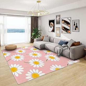 Daisy Rug Nursery - Kids Daisy Rug, Girls Pink Flower Rugs for Living Room Bedroom, Washable Non Slip Soft Small Carpet, Patterned Area Rugs & Home Decor 50x80 cm