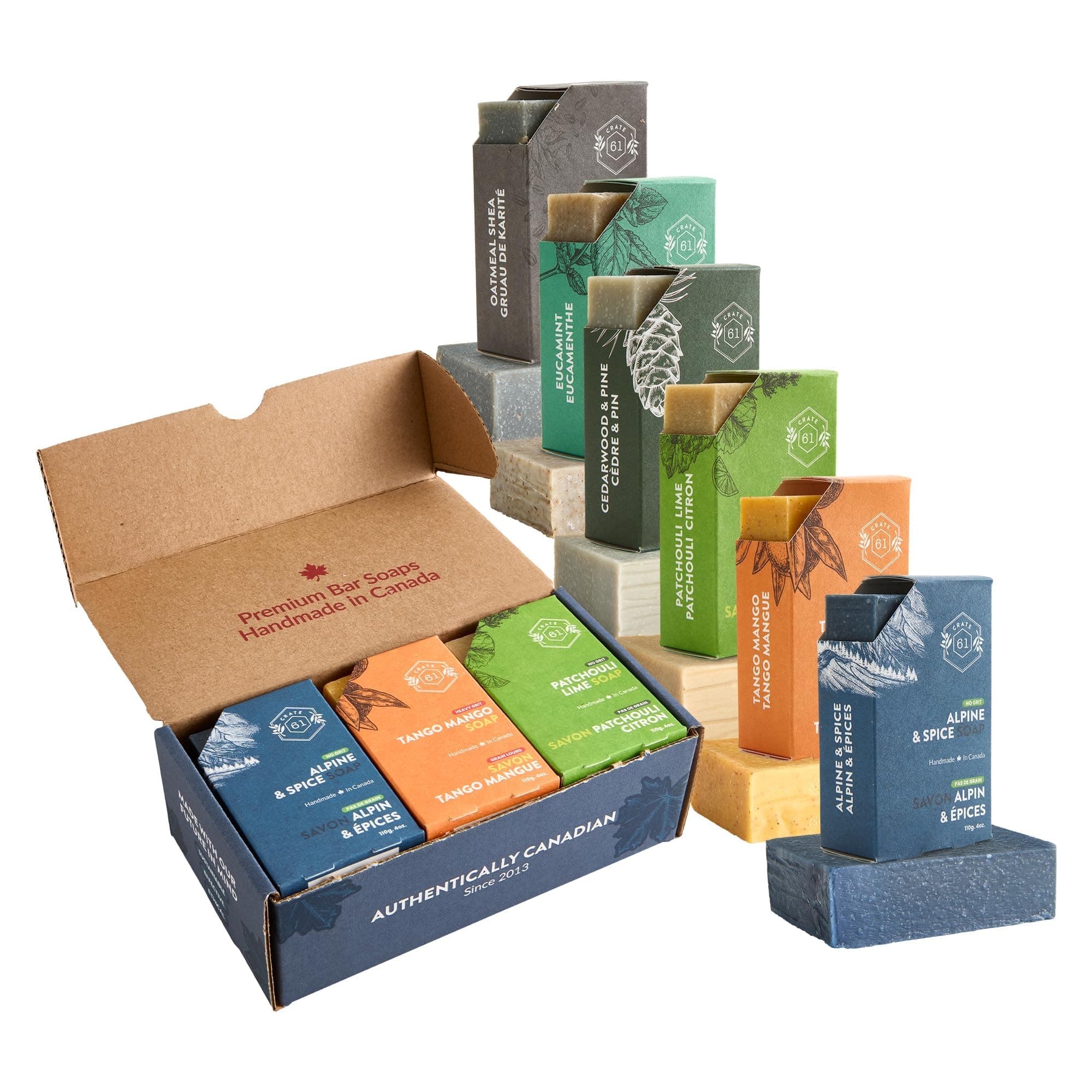 61, Handmade in Canada, Plant Based Cold Process Natural Bar Soap, With Premium Essential Oils, Dry Skin, Pack of 6 (For Him)