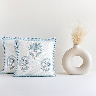 HOMEMONDE Hand Block Printed Soft Cushion Cover Pack of 1 - Square 16 x 16 Inches Cotton Throw Pillow Cover, Baby Blue