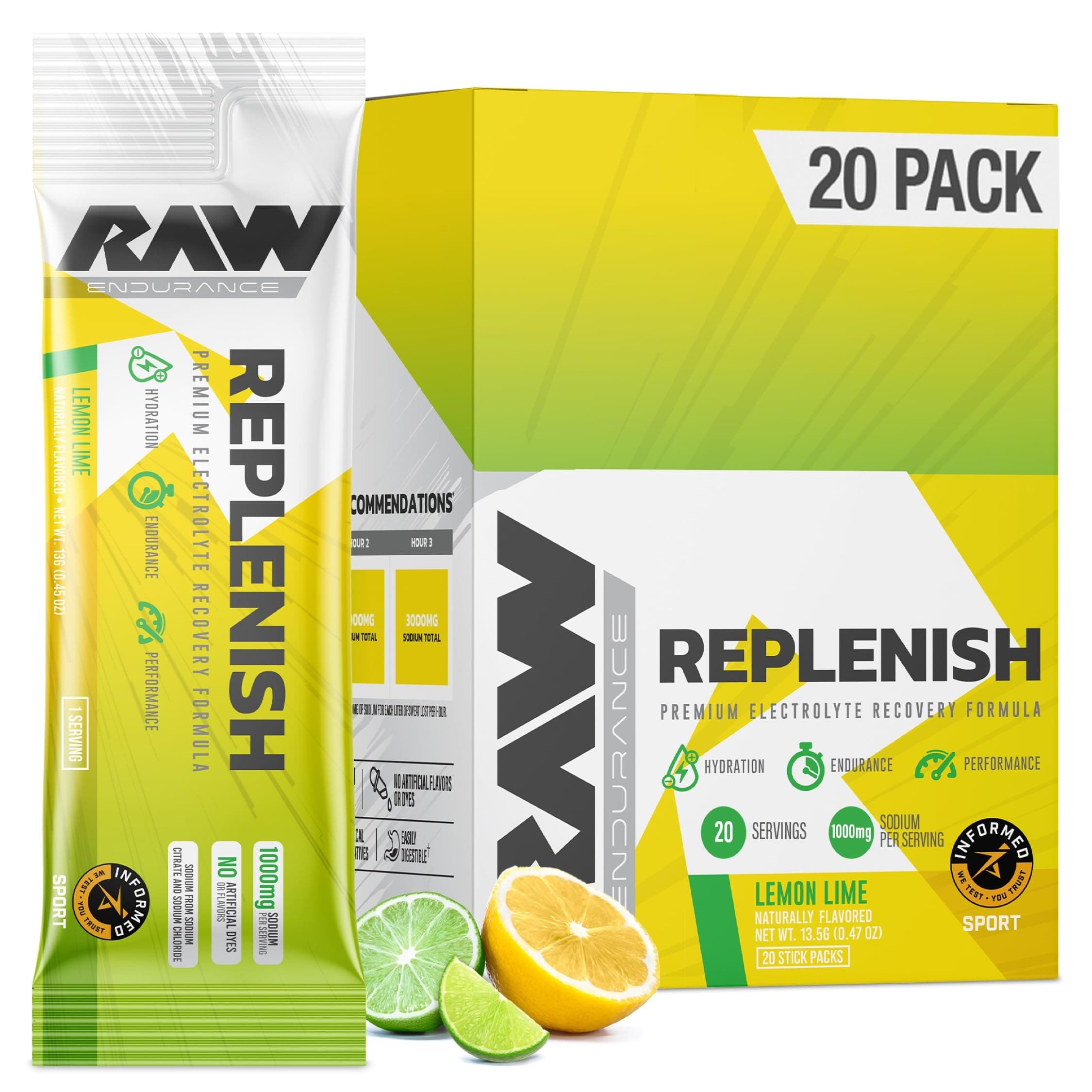 Replenish Packets, Premium Electrolytes Powder Recovery Formula, Lemon Lime (20 Stick Packs) - Flavored Electrolyte Drink Mix for Hydration, Replenishment, Endurance & Performance Workouts