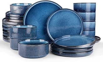famiwareStar Plates and Bowls Sets, Modern Stoneware Dinnerware Sets for 8, 24-Piece Kitchen Dish Sets - Microwave and Dishwasher Safe, Chip and Scratch Resistant, Nebulas Blue