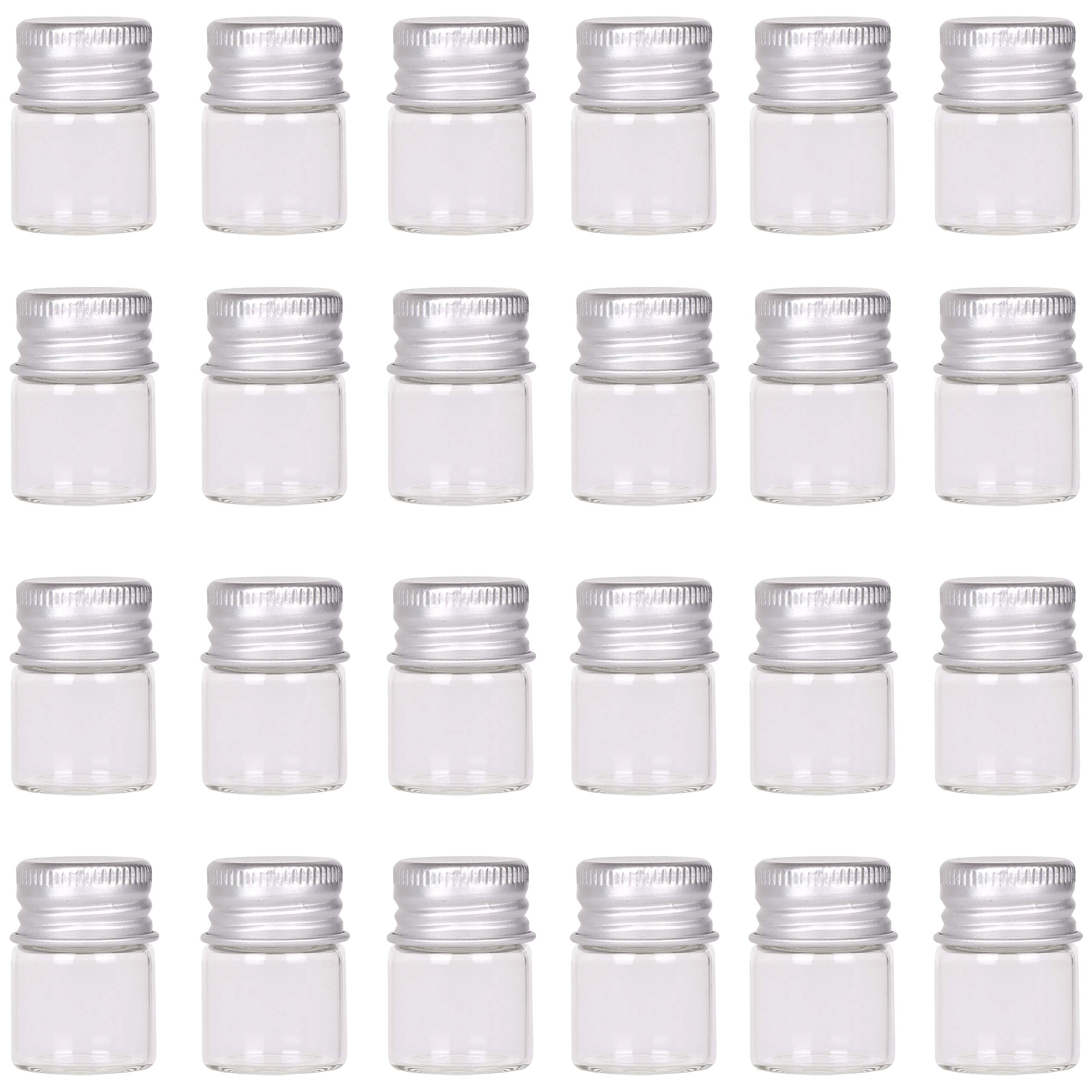 MaxMau Mini Glass Bottles with Screw Caps 5ml 24 Sets Aluminum Top Metal Lids 5 Milliliter Tiny Vials Small Jars DIY Storage Art Craft Decor