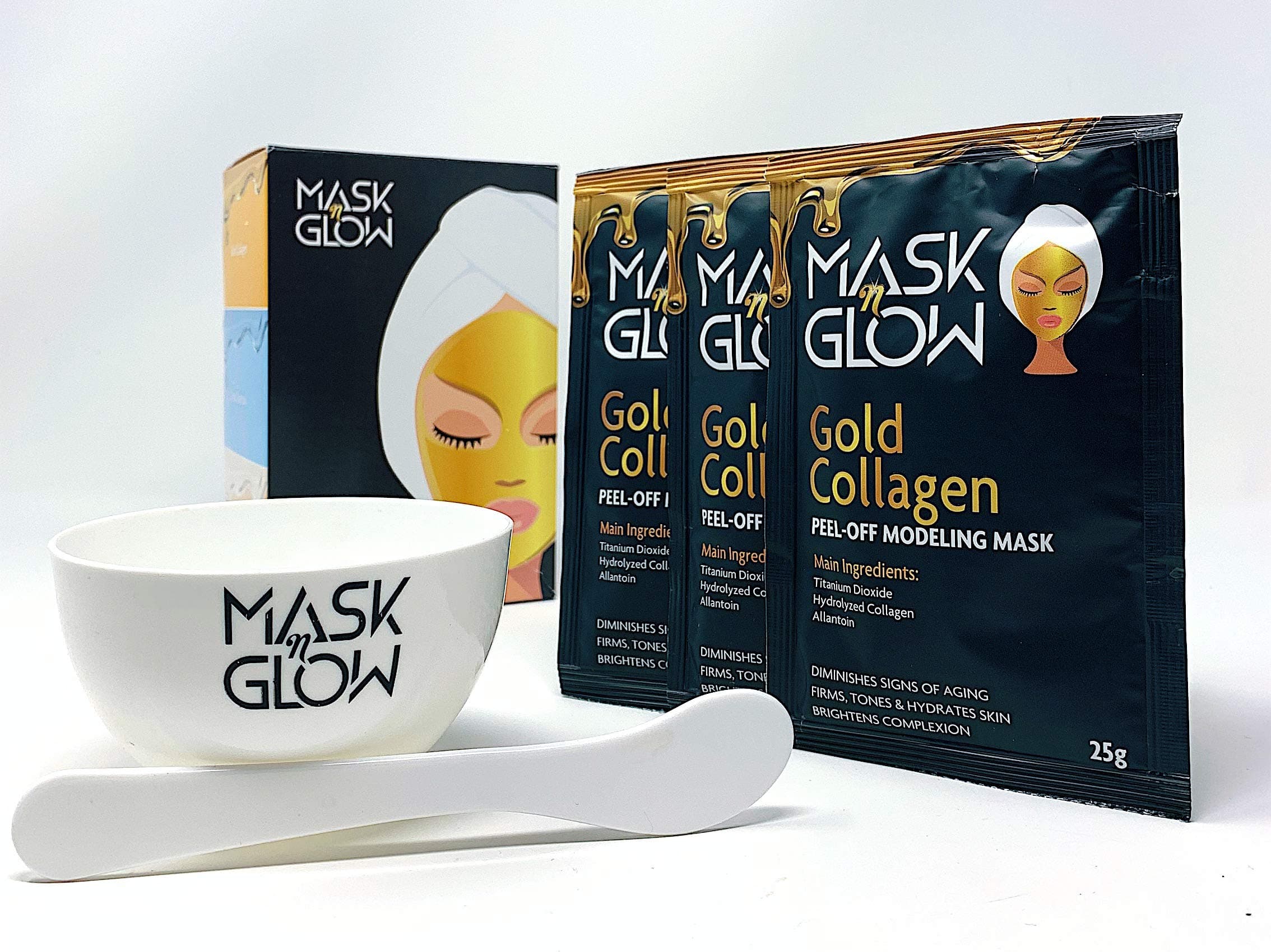 Premium Gold Collagen Modeling Peel-Off Mask"Rubber Mask" (Pack of 3 With Bowl & Spatula), Diminishes Signs of Aging, Firms & Tones Skin, Brightens Complexion, 25g. Made In Korea (3 Pack)