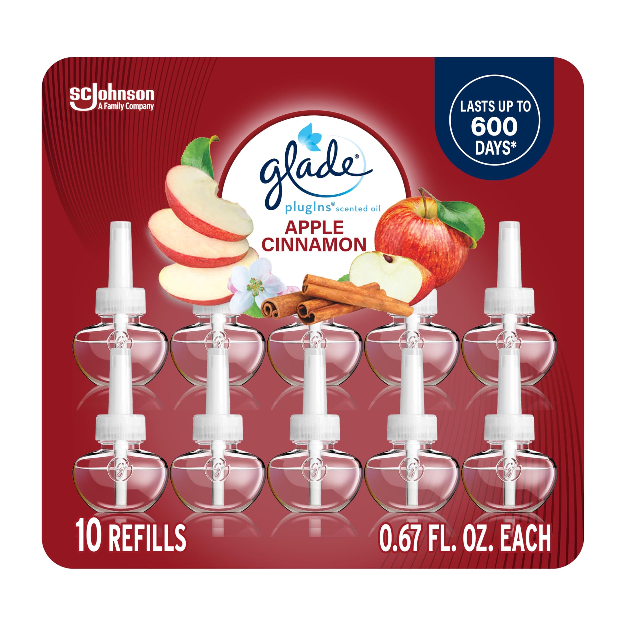 Glade PlugIns Refills Air Freshener, Scented and Essential Oils for Home and Bathroom, Apple Cinnamon, 6.7 Fl Oz, 10 Count