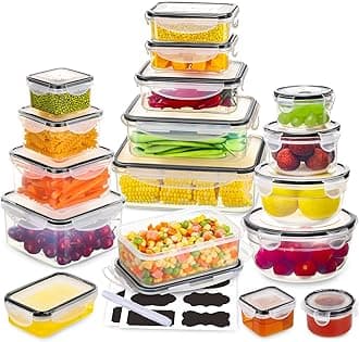 34 PCS Food Storage Containers Set with Airtight Lids (17 Lids &17 Containers) - BPA-Free Plastic Food Container for Kitchen Storage Organization, Fruit Meal-prep Containers with Labels & Marker