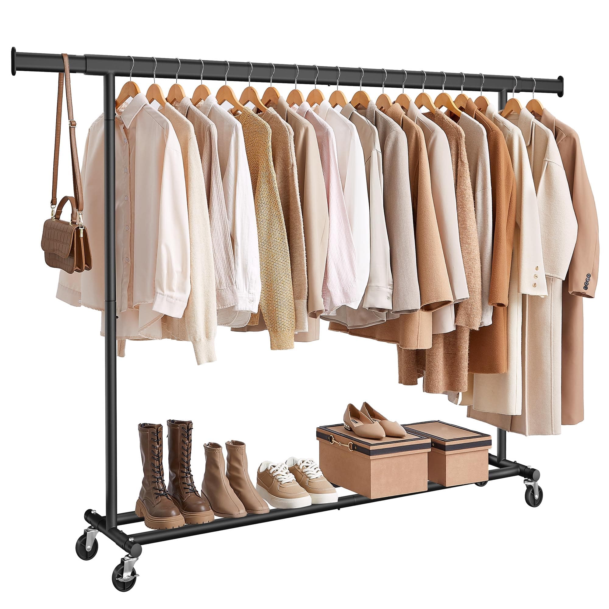 SONGMICS Clothes Rack with Wheels, Heavy-Duty Clothing Rack for Hanging Clothes, Portable, 17.7 x (63-78.7) x 63.6 Inches, with Extendable Hanging Rail, 330 lb Load Capacity, Black UHSR175B01