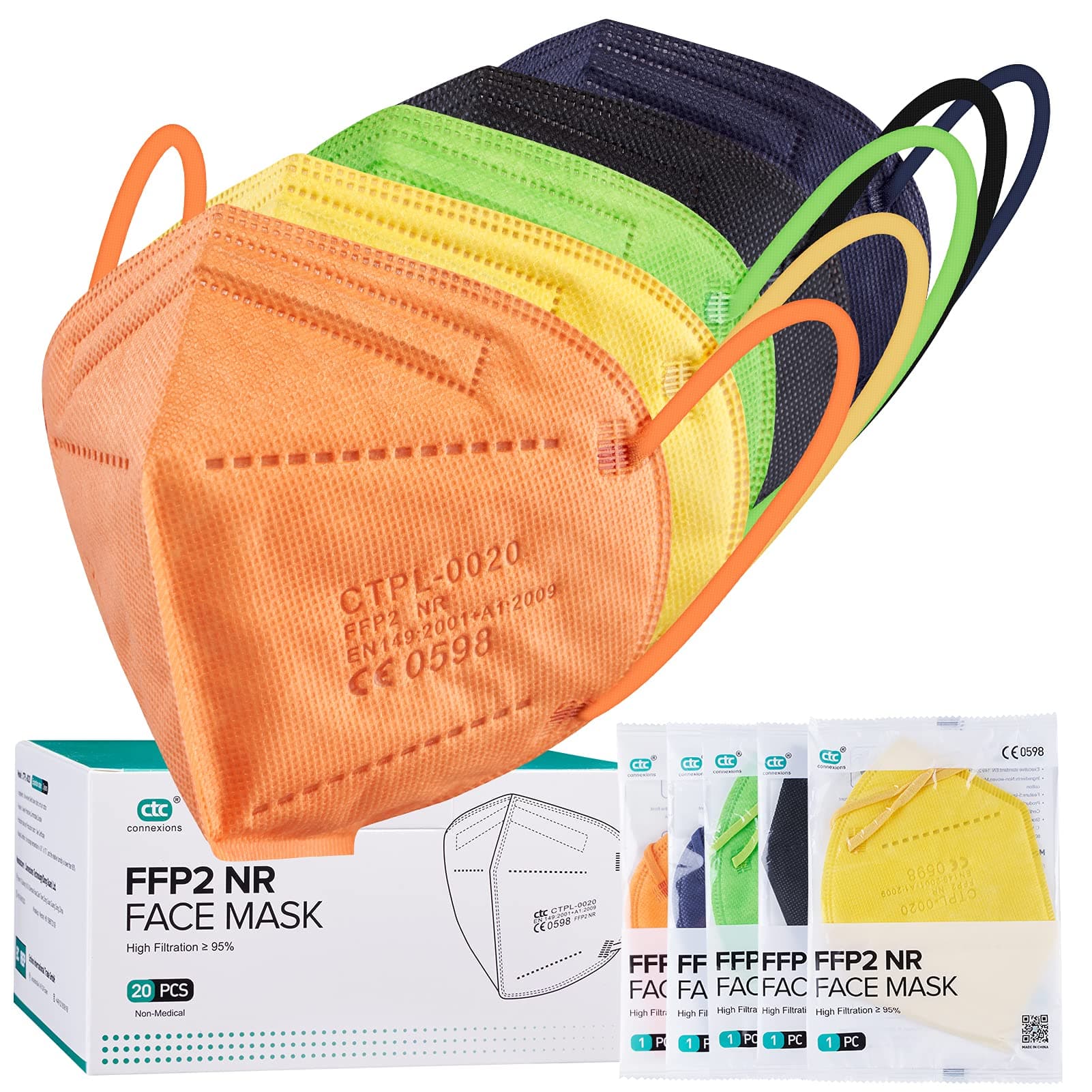 FFP2 Face Masks , 20Pcs Kn95/FFp2 5-Layer Protective Face Mask CE 0598 certified EN149 Standard, High Filtration Capacity Individually Packed…