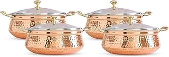 Indian Art Villa Steel Copper Hammered Design Handi/Bowl/Casserole with Toughened Glass Lid & Brass Knob & Handles, Volume-2200 ml, Pack of 4