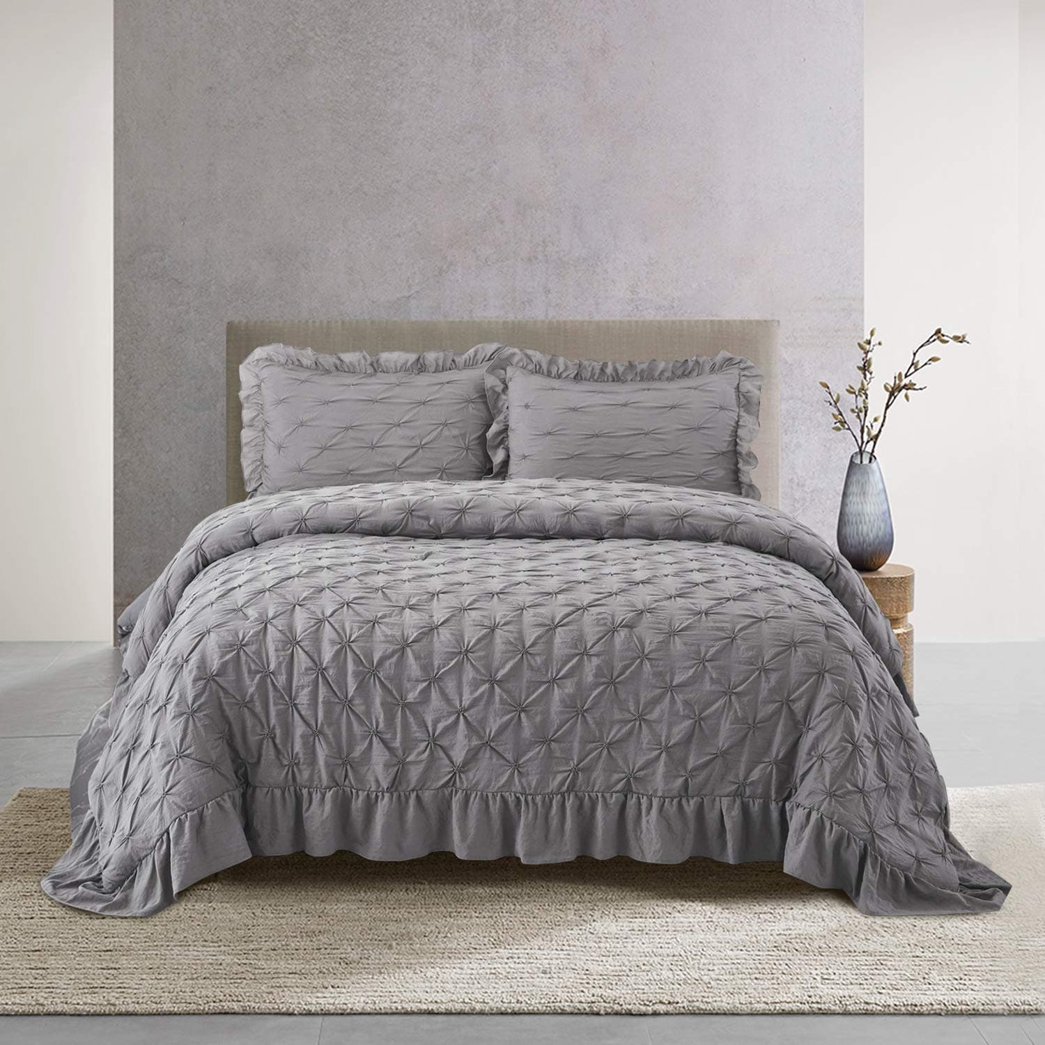 Bedream Gray Comforter Set, 3-Piece Queen Size Pintuck Ruffled Lace Bedding Set - Shabby Chic Prewashed Microfiber - Natural Wrinkle & Easy Care - Breathable (C6)