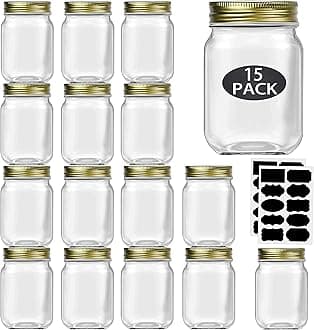Rainforce 16 oz Mason Jars With Lids Regular Mouth 15 Pack-16 oz Glass Jars with Gold Lids,Bulk Pint Clear Glass Jars For Meal Prep, Food Storage With 20 Labels