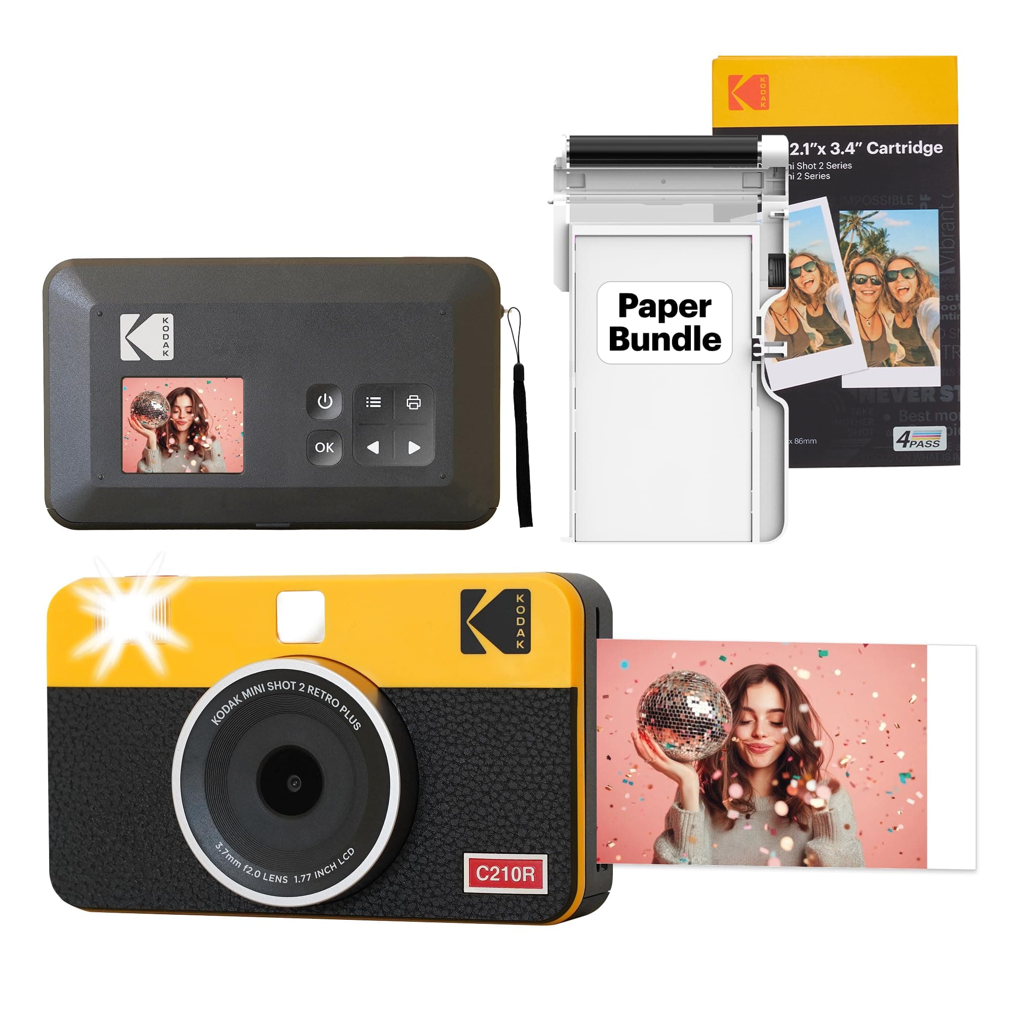 KODAK Mini Shot 2 Retro 4PASS 2-in-1 Instant Camera and Photo Printer (2.1x3.4 inches) + Initial 8 Sheets + 30 Sheets Bundle, Yellow