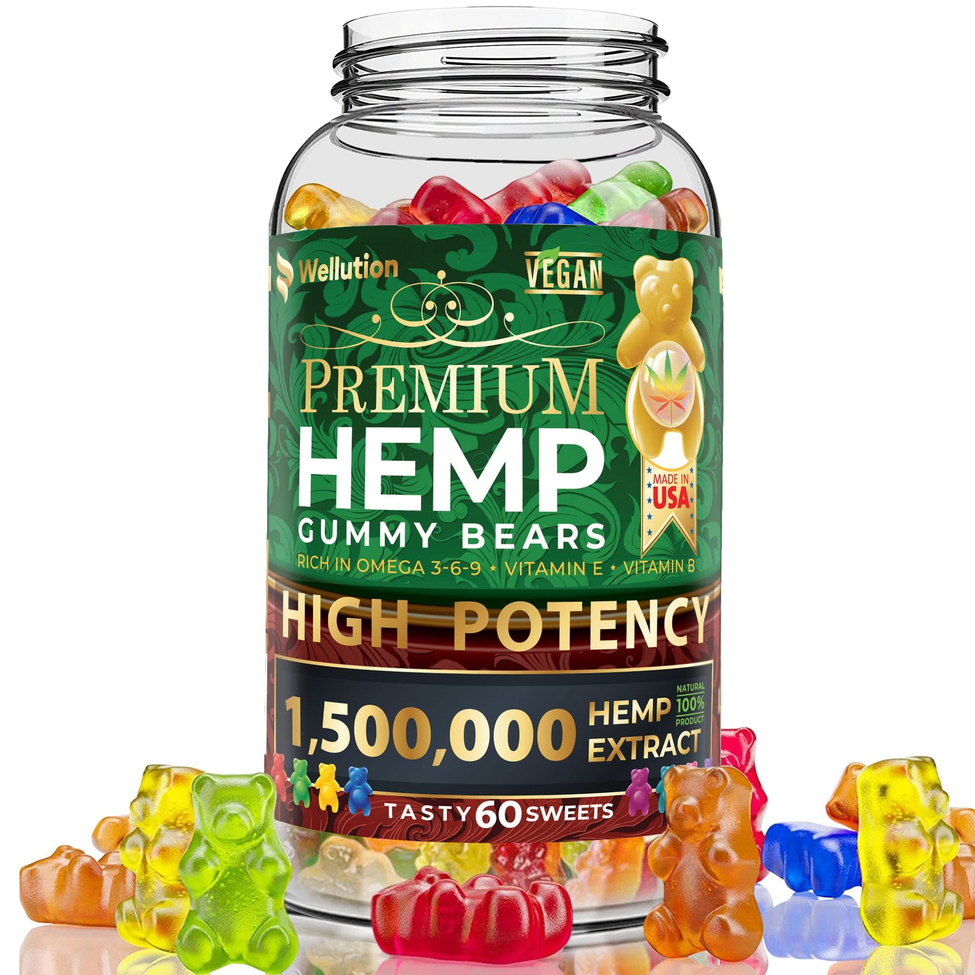 WELLUTION Hemp Gummies – High Potency 1,500,000 MCG – Natural Fruity Bear for Relaxation and Peace - Fast-Acting - Gluten Free - 60ct