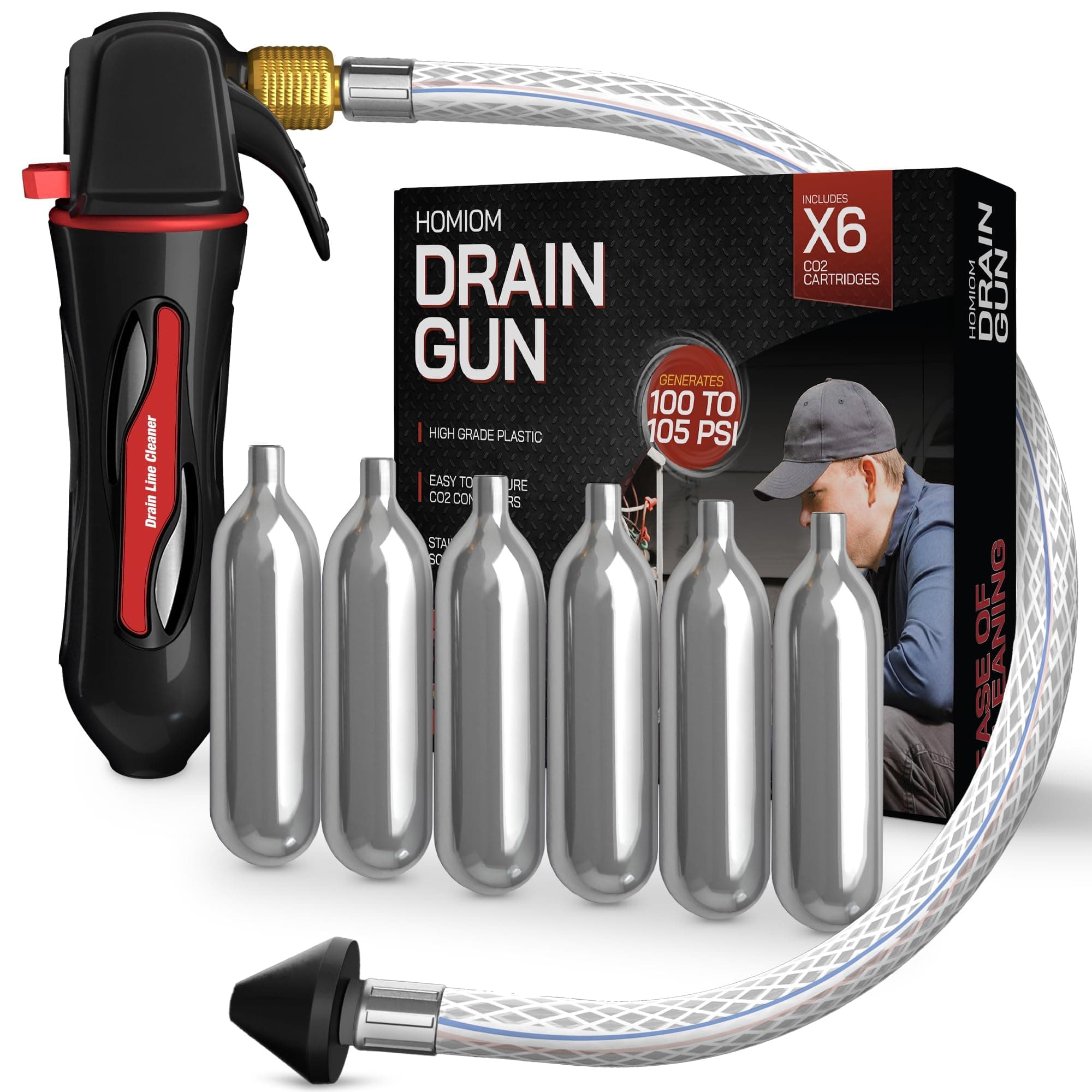 Gallo Drain Gun – AC Drain Line Cleaner Tool With Flexible Hose Pipe For HVAC Clogs - Includes 6 co2 Air Conditioner Drain Cleaner Cartridges