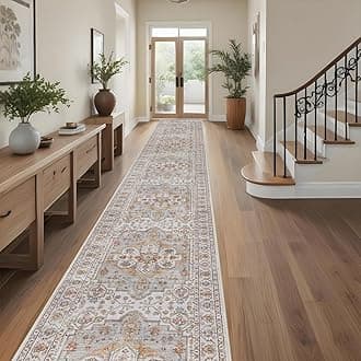 Washable Hallway Runner Rug 3x20: Non Slip Runner Rugs with Rubber Backing Soft Kitchen Rug Farmhouse Distressed Carpet Runner for Living Room Bedroom Bathroom (Turmeric/Grey, 3X20)