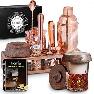 homia Bartender Kit with Whiskey Smoker - 13 pcs, Pine Stand - Bar Set with Cocktail Shaker, Bartending Kit with Essential Bar Accessory Tools, Wood Chips, Pink Gold