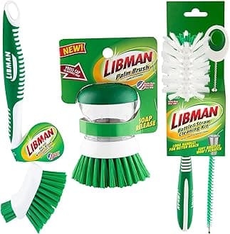 Libman Bottle & Dish Brush Kit | Cleaning Brushes for Kitchen Use | Straw Brush | Scrub Brushes for Dishes | Big Job Kitchen Brush | Palm Scrub Brush | 3 Different Brushes & Straw Cleaner Included