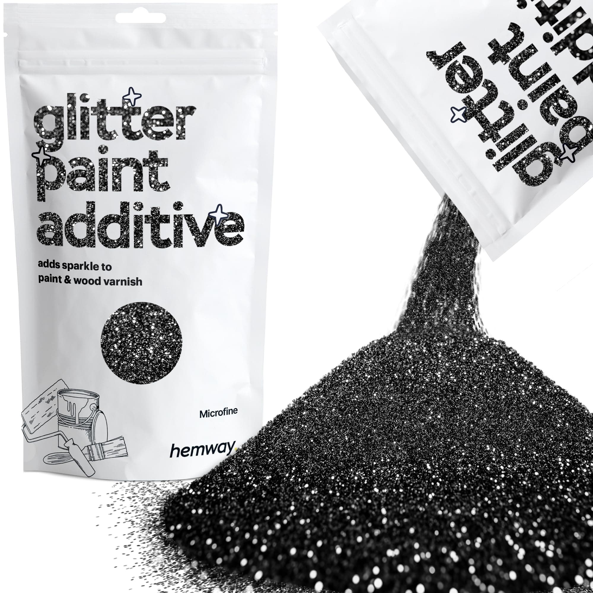 Hemway Glitter Paint Additive Crystals for Acrylic Emulsion Paint, Interior & Exterior Walls, Wood, Varnish, Matt, Gloss, Furniture 100g / 3.5oz - Microfine (1/256" 0.004" 0.1mm) - Black