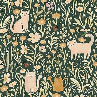 CiCiwind Self Adhesive Wallpaper Green Floral Contact Paper 41CM×5M Waterproof Peel and Stick Wallpaper Yellow Flower Cats Sticky Back Plastic Removable Wall Furniture Covering Vinyl Film