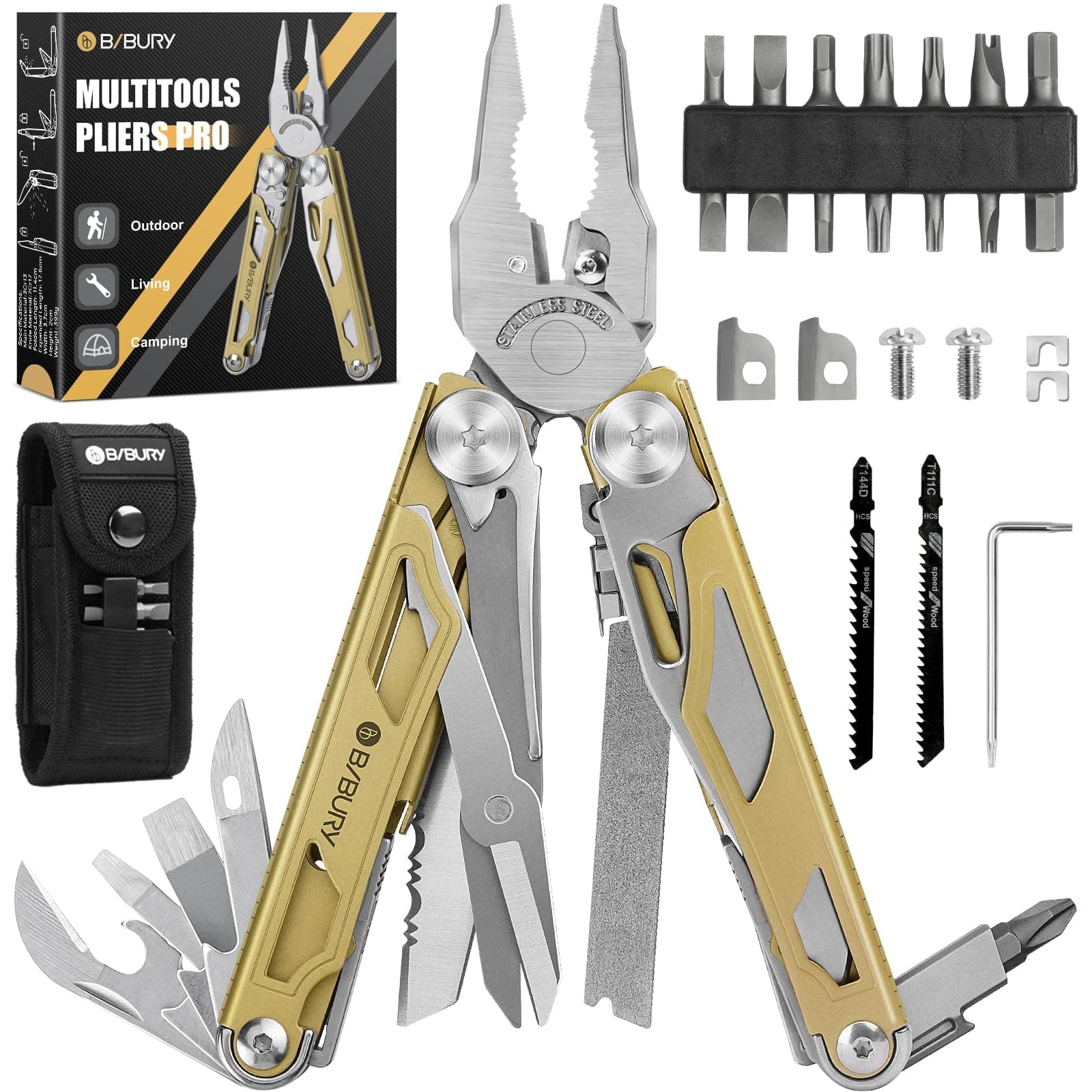 Multitools, Multi Tool Foldable Pliers with Upgraded Scissors and Screwdriver Set, Stainless Steel Multitools, Ideal for Camping, Outdoor, Repairing -Gift for Dad Men -Titanium Plating Gold Pro