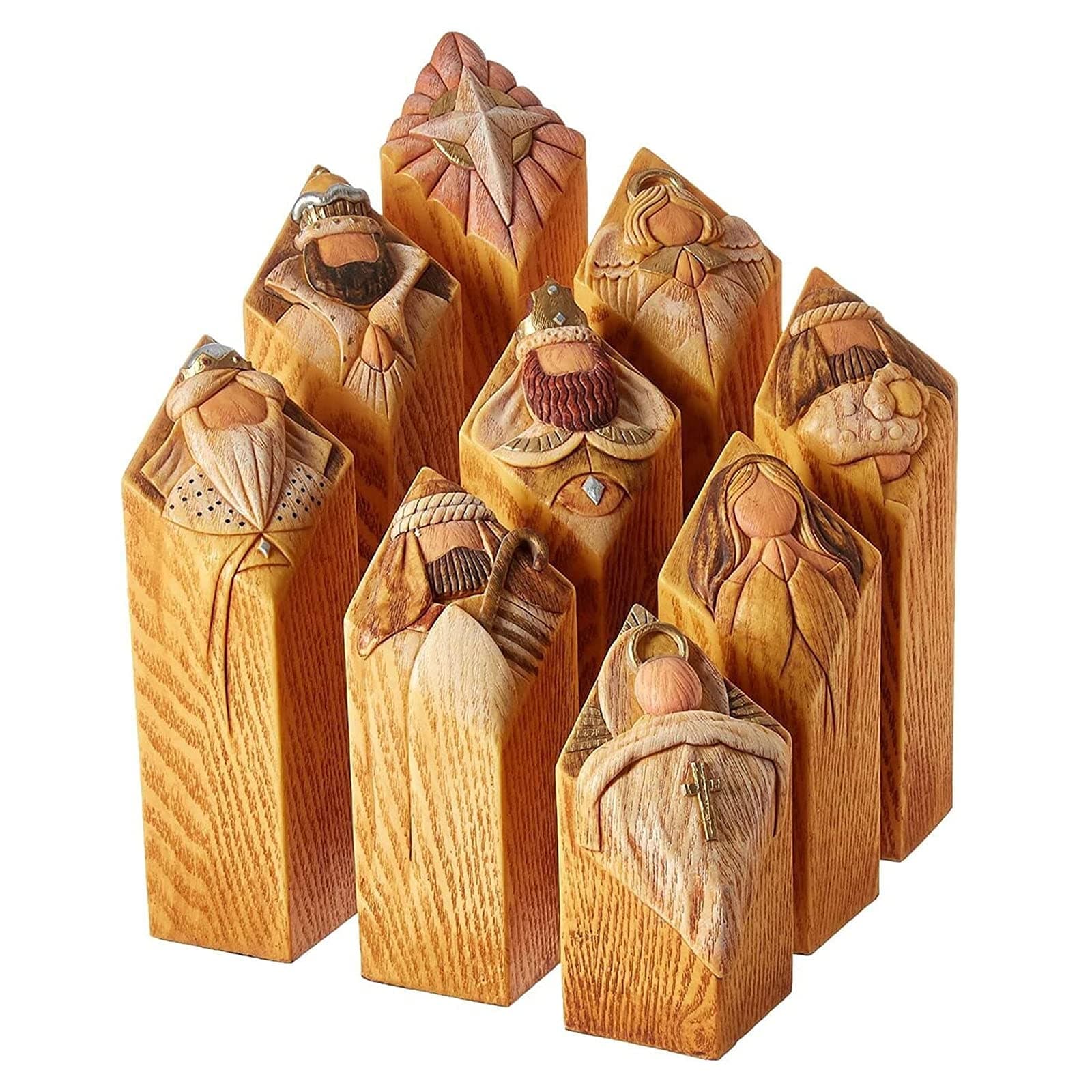 (1set/9Pcs)Heaven Nativity Tree Pillar Statues - Bible Passage Pillar Figures Jesus Statue Wood Crafts for Nativity Set,with Babe,Star,Angel,Three Kings,Shepherd,Home Office Church Decoration.